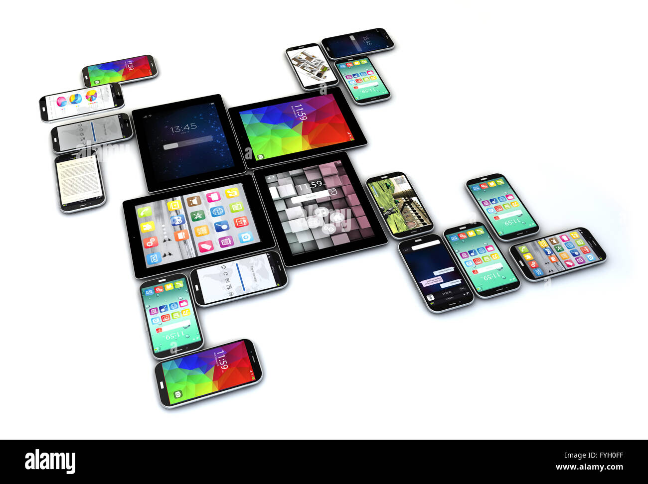 Kreative Technologie-Business-Konzept: Gruppe von Tablets und Touchscreen-Smartphones isoliert auf weißem Hintergrund Stockfoto
