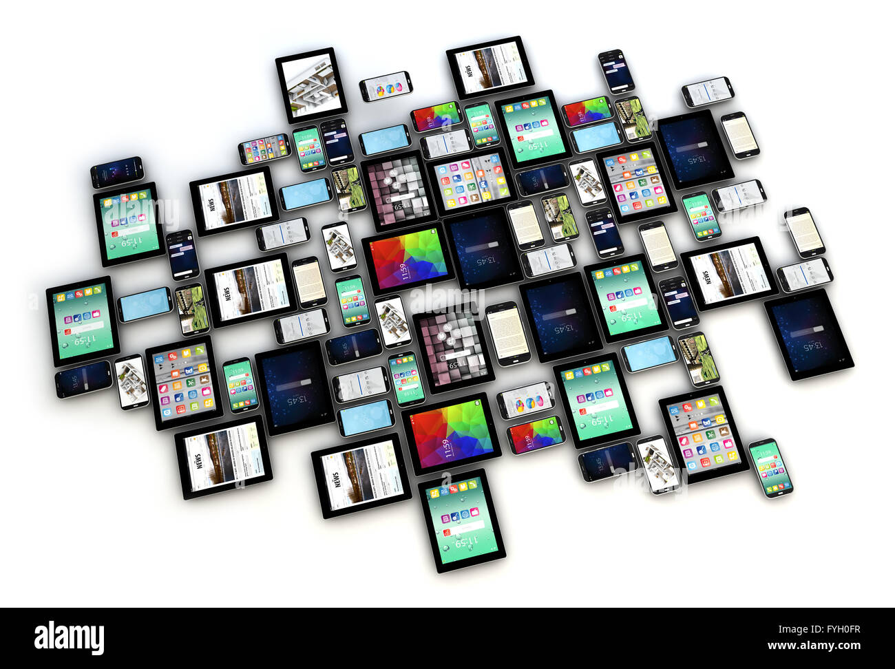Render aus einer Sammlung von Smartphones und Tablets mit verschiedenen Bildschirmen isoliert auf weißem Hintergrund Stockfoto