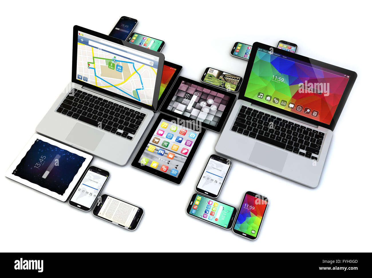 Rendern Sie eine Gruppe von 3d generierte Geräten. Alle Bildschirmgrafiken bestehen Stockfoto