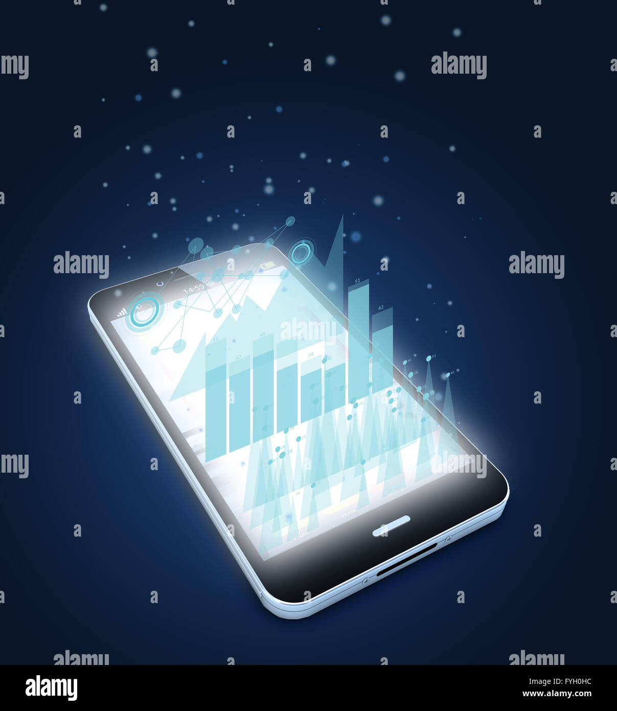 Rendern einer ursprünglichen Smartphone Illustration mit Grafiken auf dem Bildschirm Stockfoto