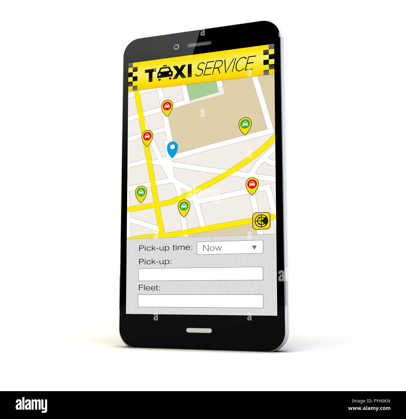 Rendern eines Telefons mit Taxi-Anwendung auf dem Schirm isoliert Stockfoto