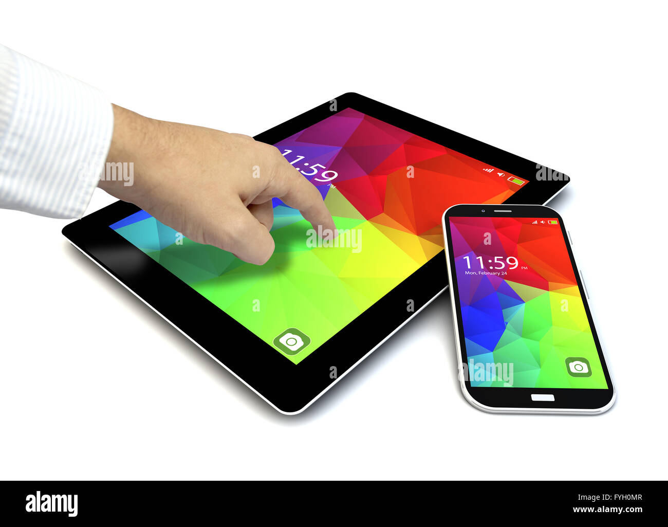 Touchscreen-Tablet und Smartphone mit bunten Schnittstelle farbige Icons und Schaltflächen mit einer Hand berühren des Bildschirms isoliert Stockfoto