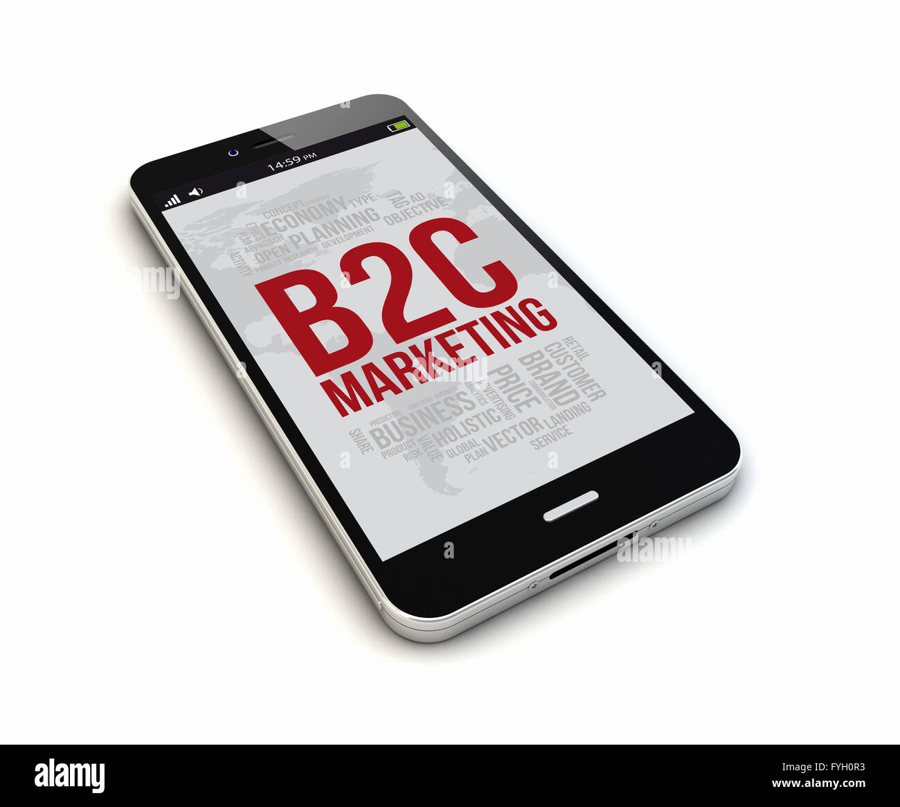 Rendern von einer ursprünglichen Smartphone isoliert mit b2c Marketing auf dem Bildschirm. Die Bildschirmgrafik bestehen. Stockfoto