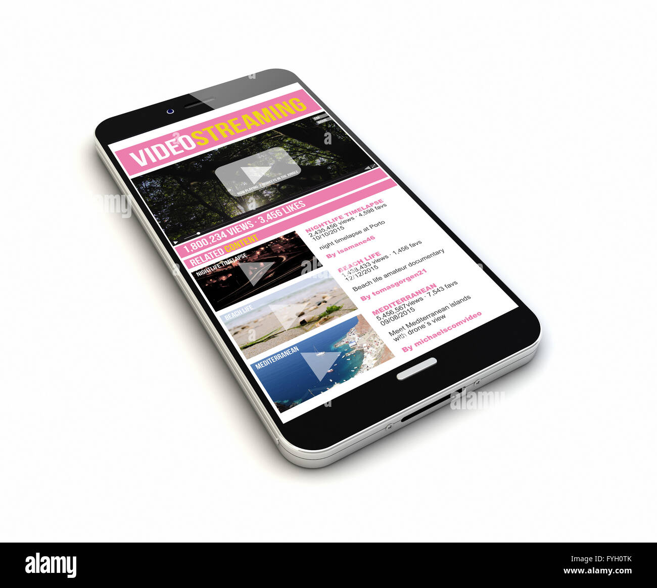 Rendern Sie eine original Smartphones mit video-Streaming-Website auf dem Bildschirm. Die Bildschirmgrafik bestehen. Stockfoto