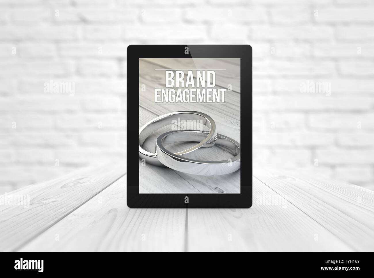 Marketing-Konzept: Rendern eines Tablet-PCs mit Kunden-Engagement-Website auf dem Bildschirm. Alle Bildschirm-Grafiken bestehen. 3D Abbildung Stockfoto