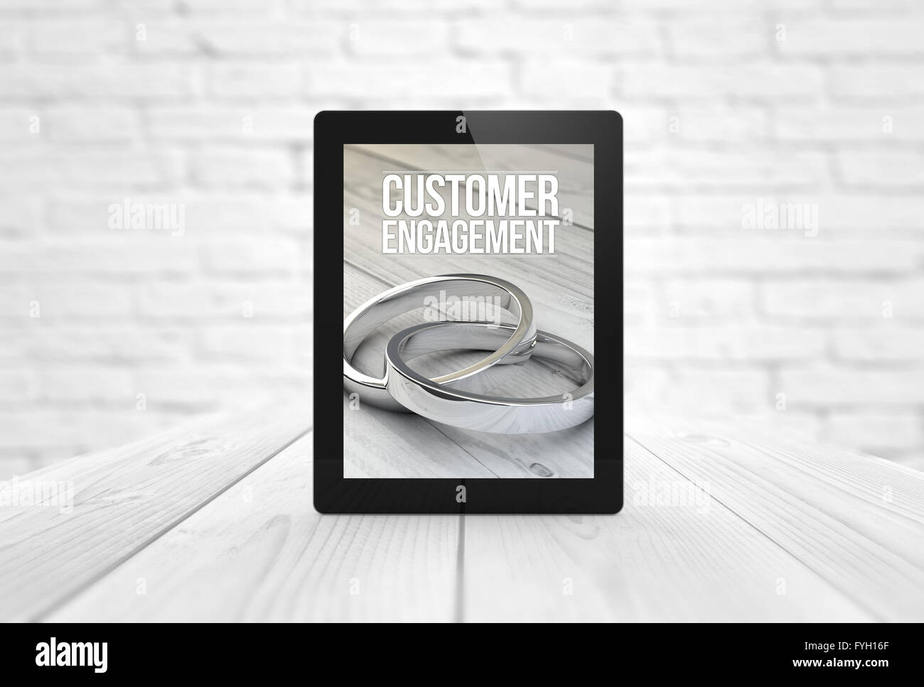 Marketing-Konzept: Rendern eines Tablet-PCs mit Kunden-Engagement-Website auf dem Bildschirm. Alle Bildschirm-Grafiken bestehen. 3D Abbildung Stockfoto