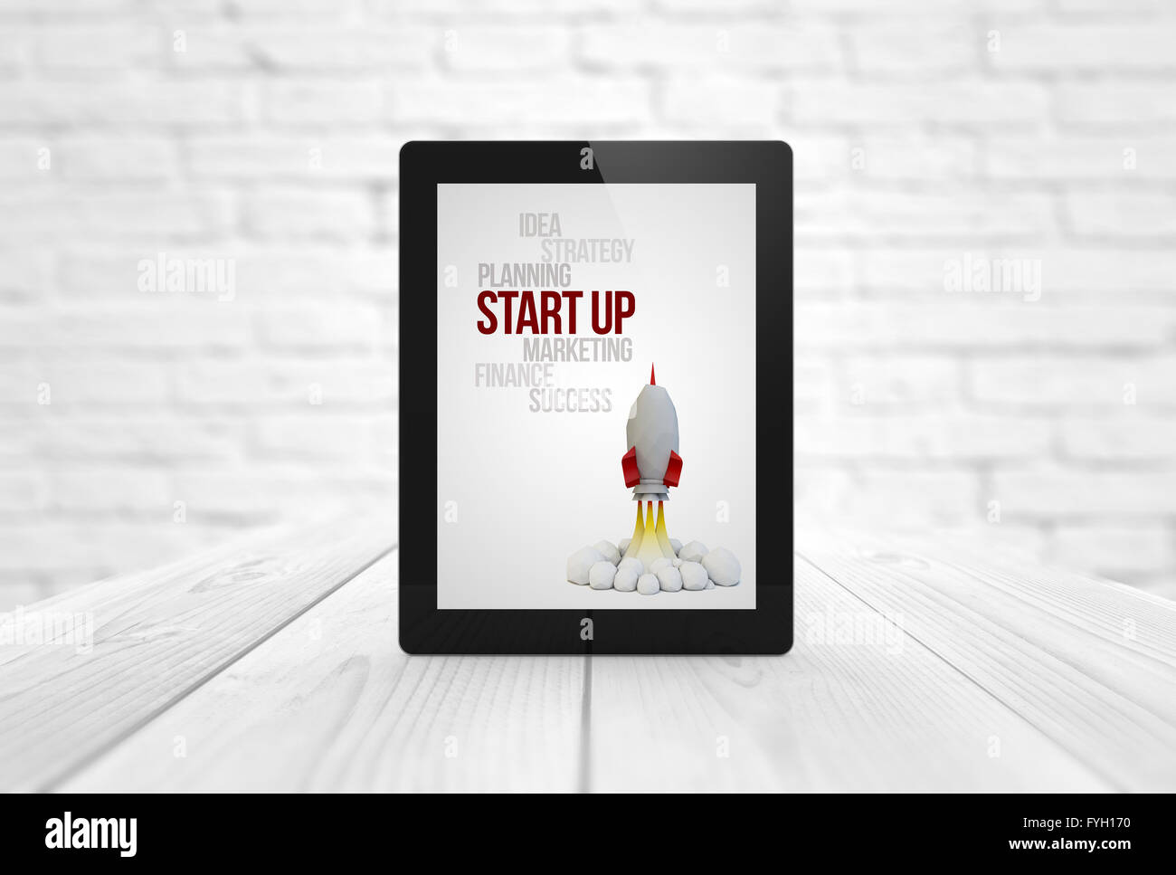 Existenzgründung Konzept: Rendern eines Tablet-PCs mit Start up auf dem Bildschirm. Alle Bildschirm-Grafiken bestehen. Stockfoto