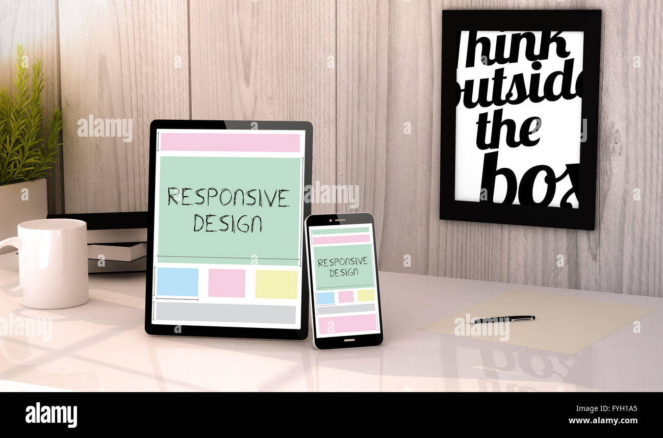Digital erzeugte Tablet und Smartphone auf dem Desktop-Arbeitsplatz mit responsive Design auf dem Bildschirm. Alle Grafiken bestehen. Stockfoto