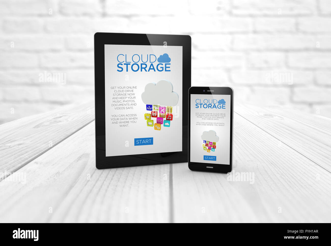 Digital erzeugte Tablet und Smartphone mit Cloud-Speicher auf dem Bildschirm. Alle Bildschirmgrafiken bestehen Stockfoto