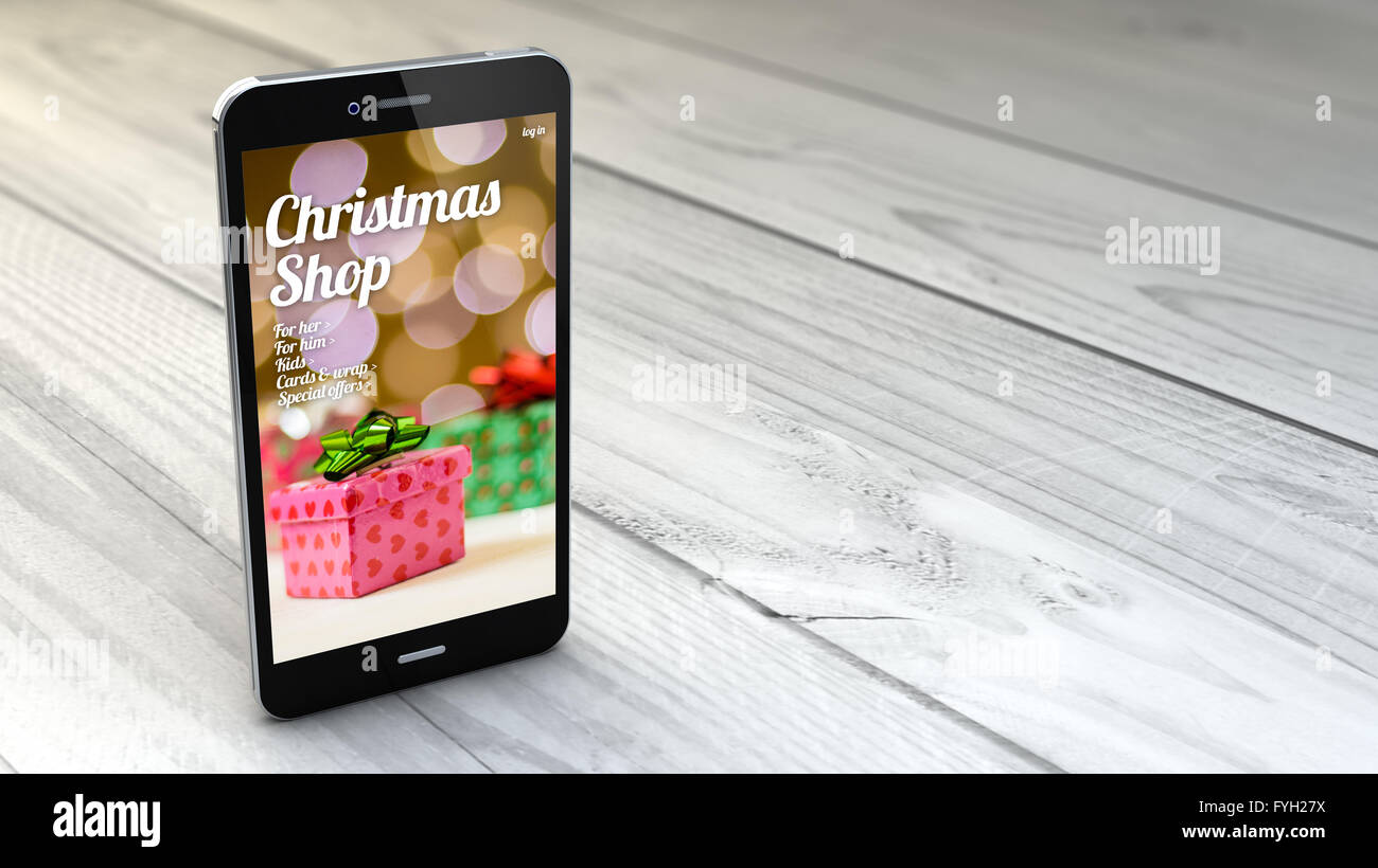 Digital erzeugte Smartphone über weißen hölzernen Hintergrund mit Weihnachten Shop Website. Alle Bildschirm-Grafiken bestehen. Stockfoto