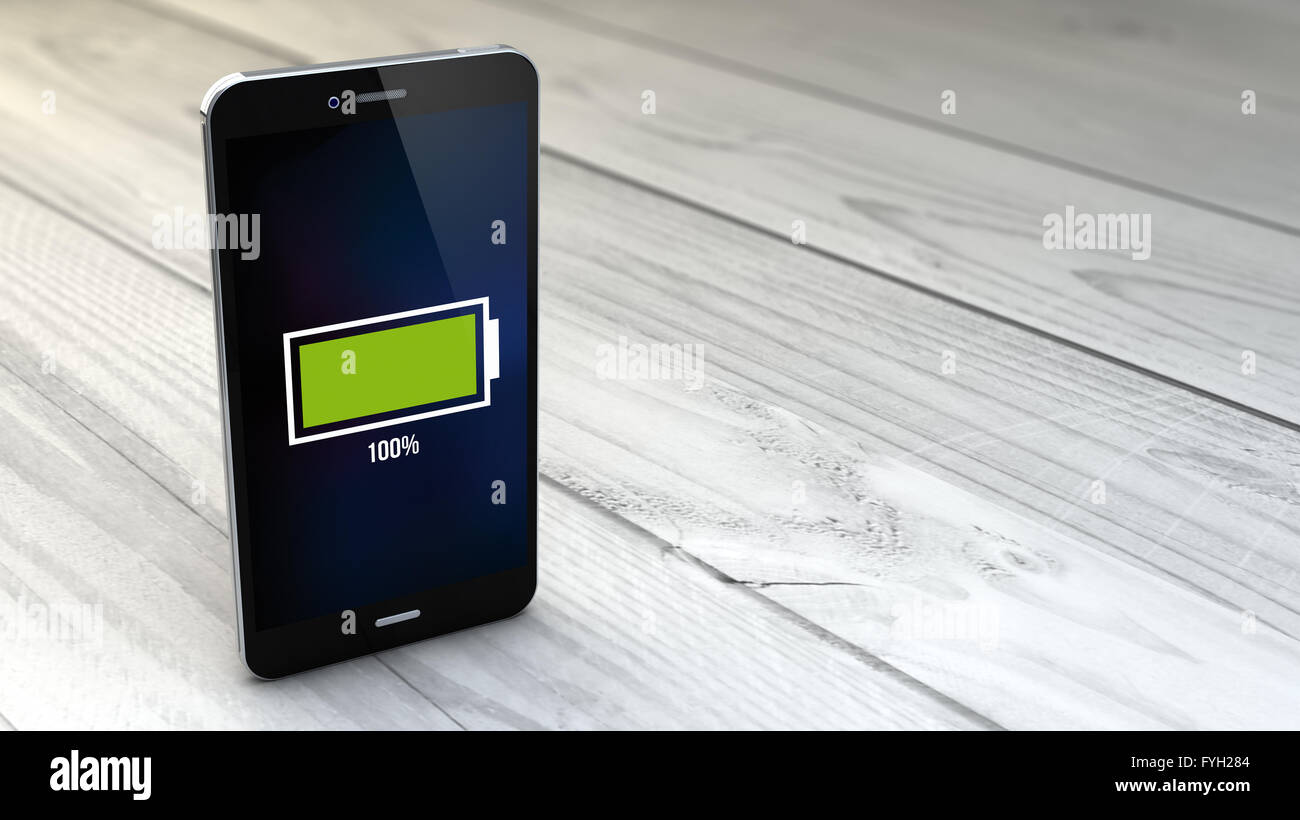 Digital erzeugte Smartphone über weißen hölzernen Hintergrund mit vollem Akku. Alle Bildschirm-Grafiken bestehen. Stockfoto