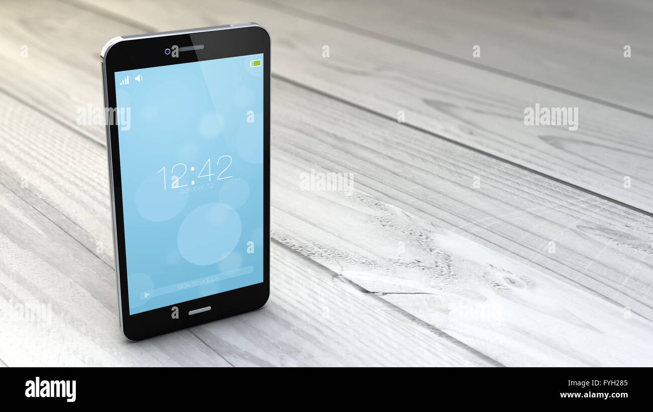 Digital erzeugte Smartphone über weißen hölzernen Hintergrund. Alle Bildschirm-Grafiken bestehen. Stockfoto