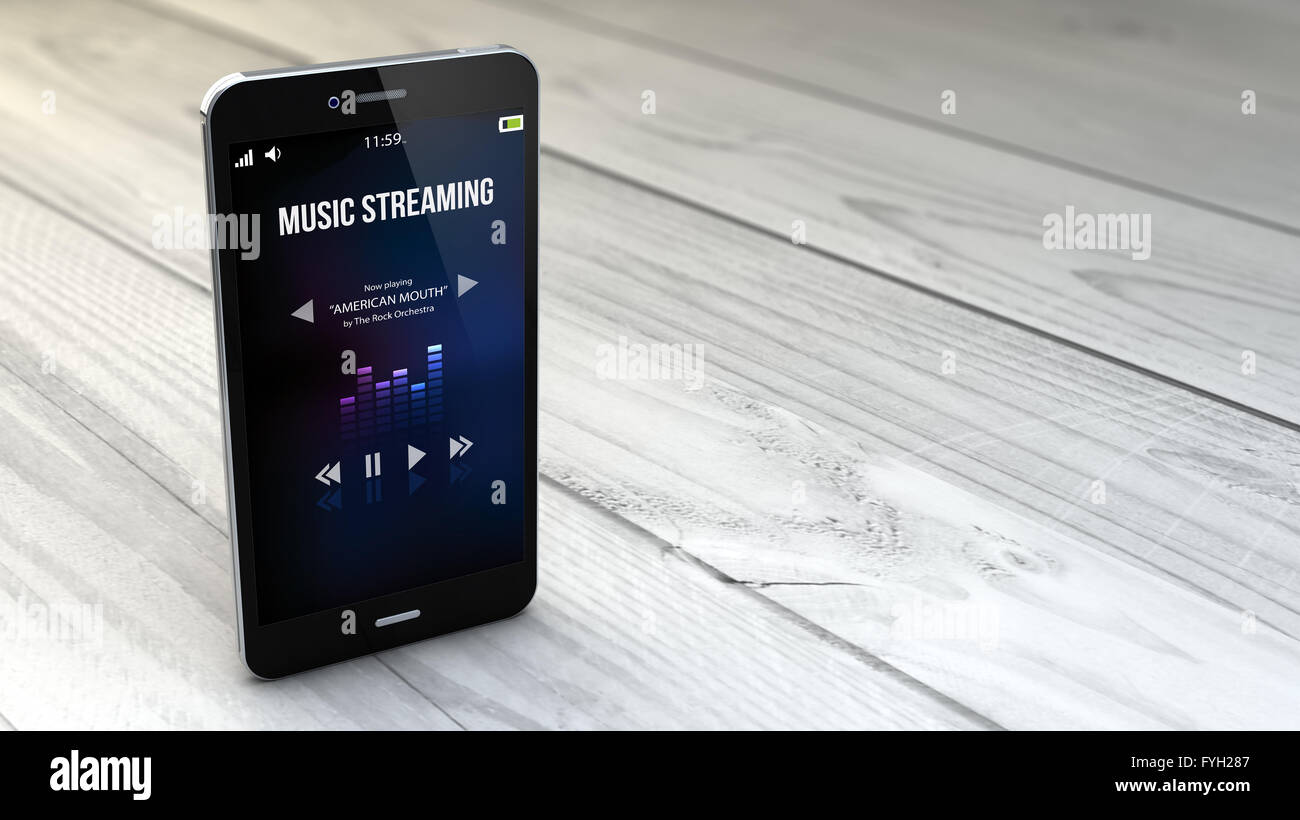 Digital erzeugte Smartphone zeigt Musik-Streaming-app über weißen hölzernen Hintergrund. Alle Bildschirm-Grafiken bestehen. Stockfoto