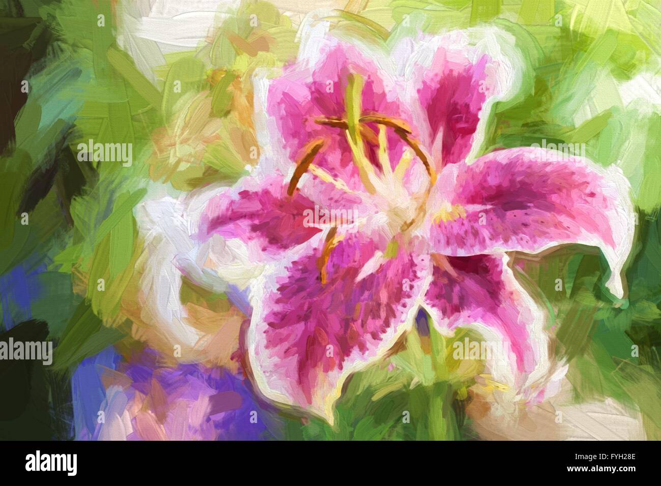 Ölgemälde Lilie rosa Blume. Blume-Ölgemälde-Hintergrund. Stockfoto