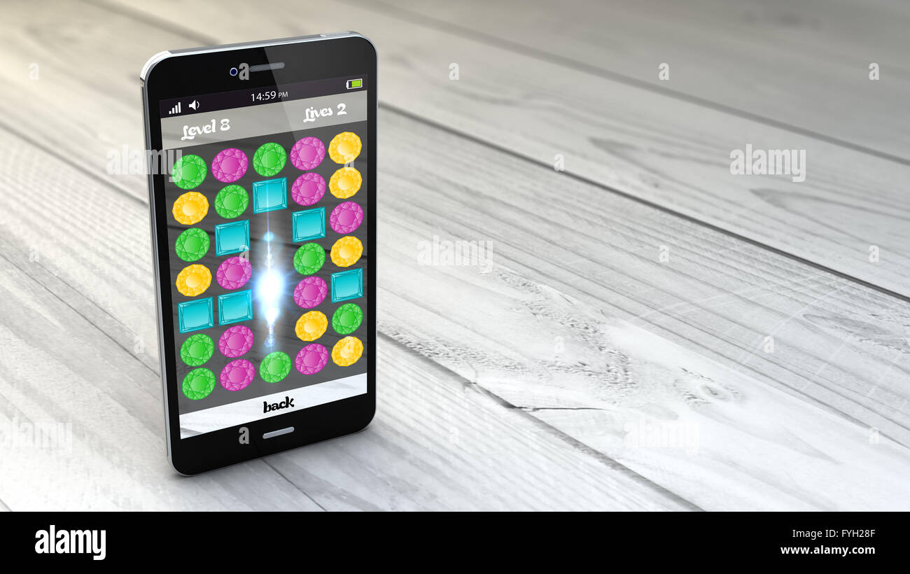Digital Gaming-Smartphone über weißem Holz Hintergrund erzeugt. Alle Bildschirm-Grafiken bestehen. Stockfoto