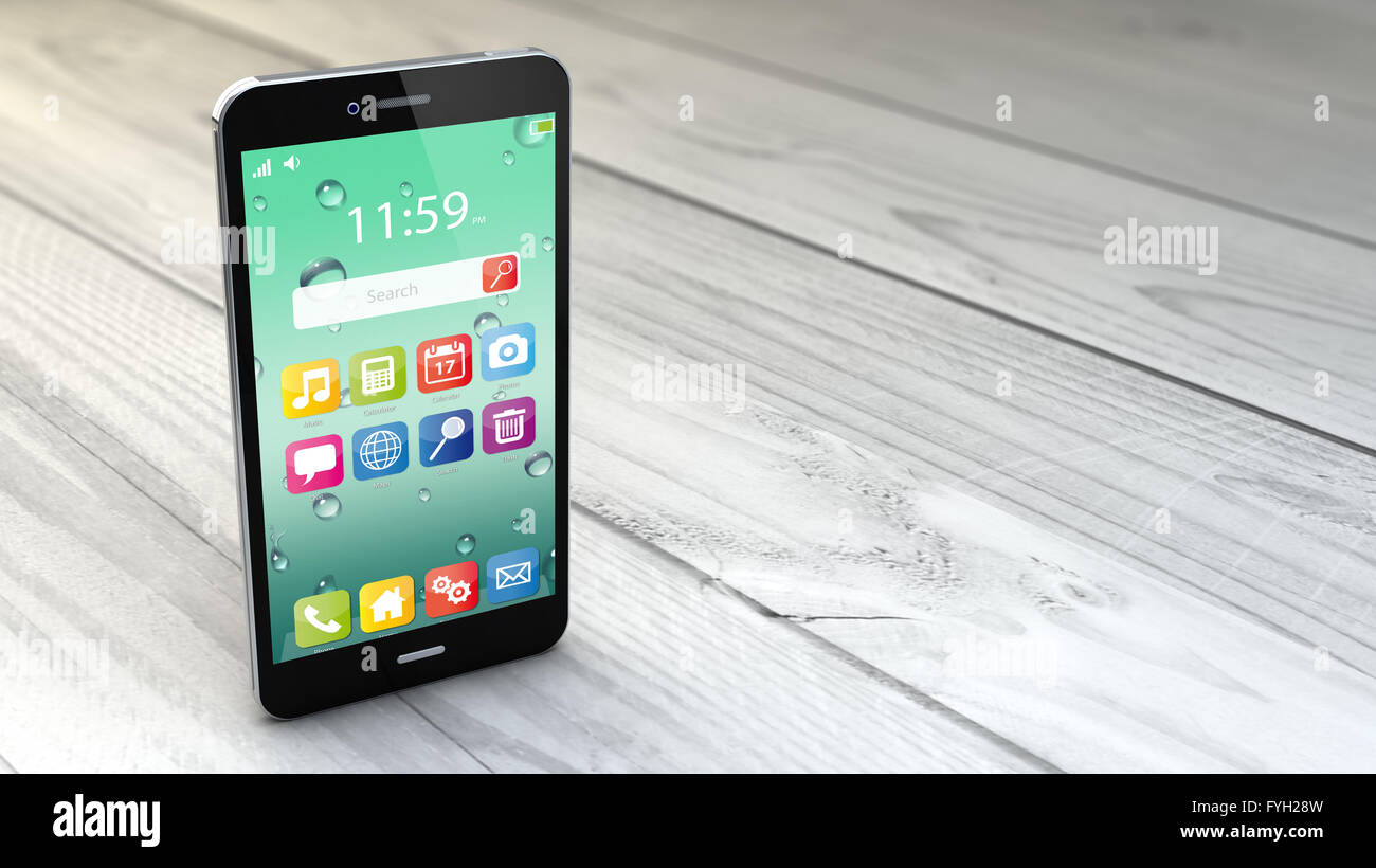 Digital erzeugte Smartphone über weißen hölzernen Hintergrund. Alle Bildschirm-Grafiken bestehen. Stockfoto