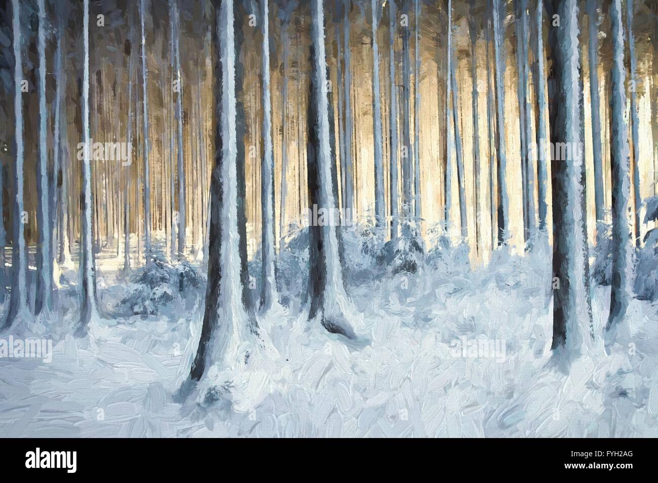 Ölgemälde verschneiten Bäumen im Winterwald Stockfoto