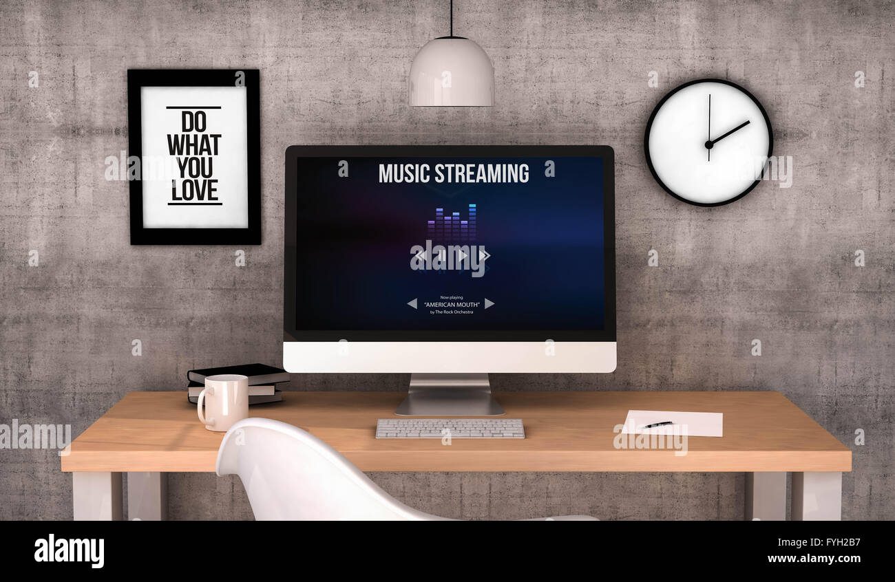 3D Illustration für einen Arbeitsplatz mit Computer und andere Sachen Stockfoto