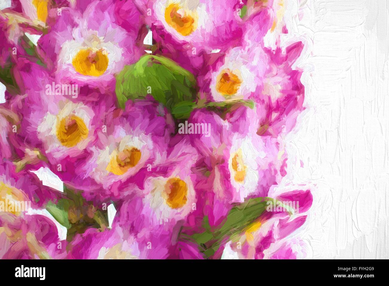 Öl-Malerei rosa Dendrobium Orchidee Blüten.  Blume-Ölgemälde-Hintergrund. Stockfoto