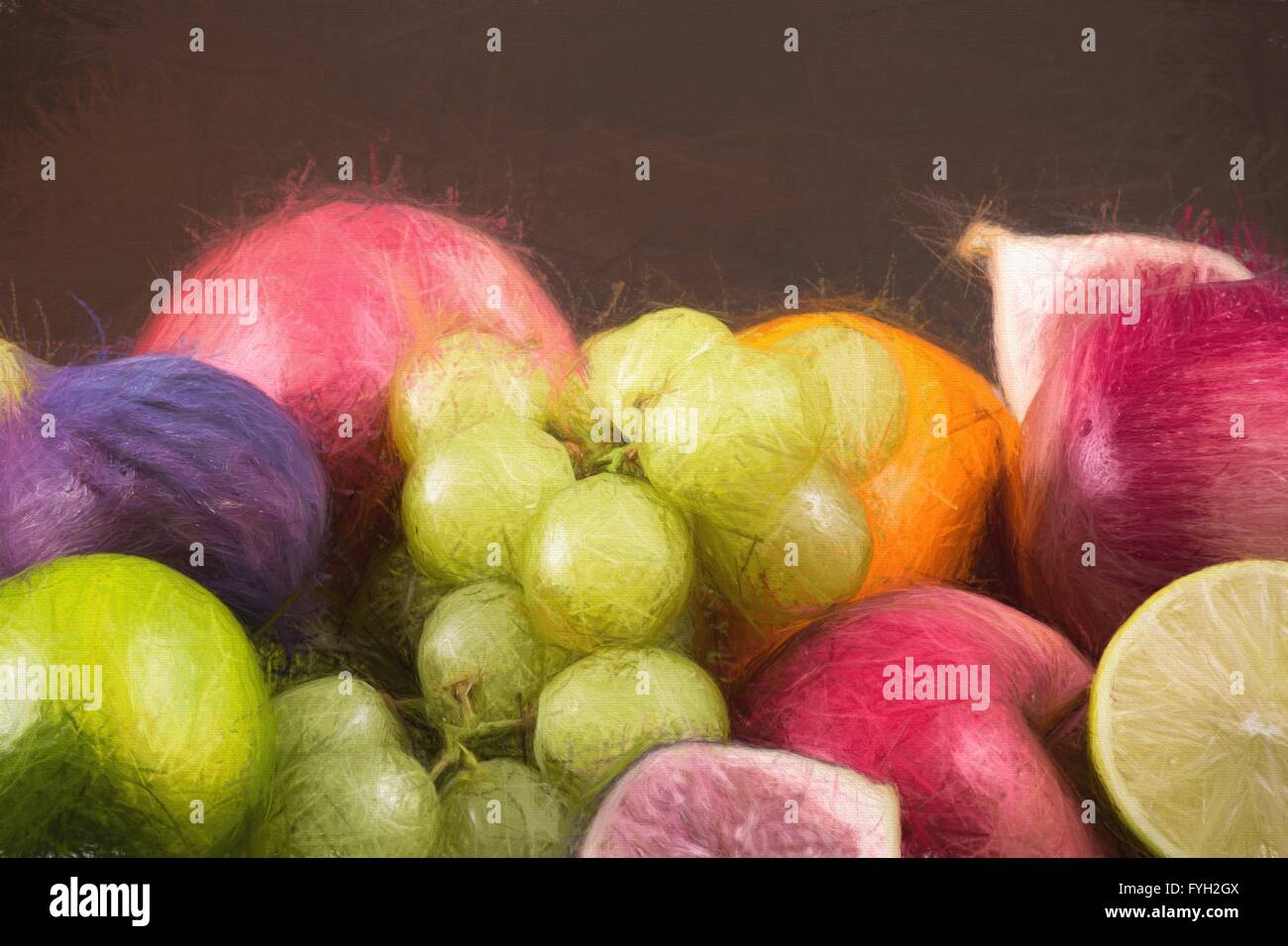 Pastellmalerei Sortiment Früchte auf Holztisch Stockfoto