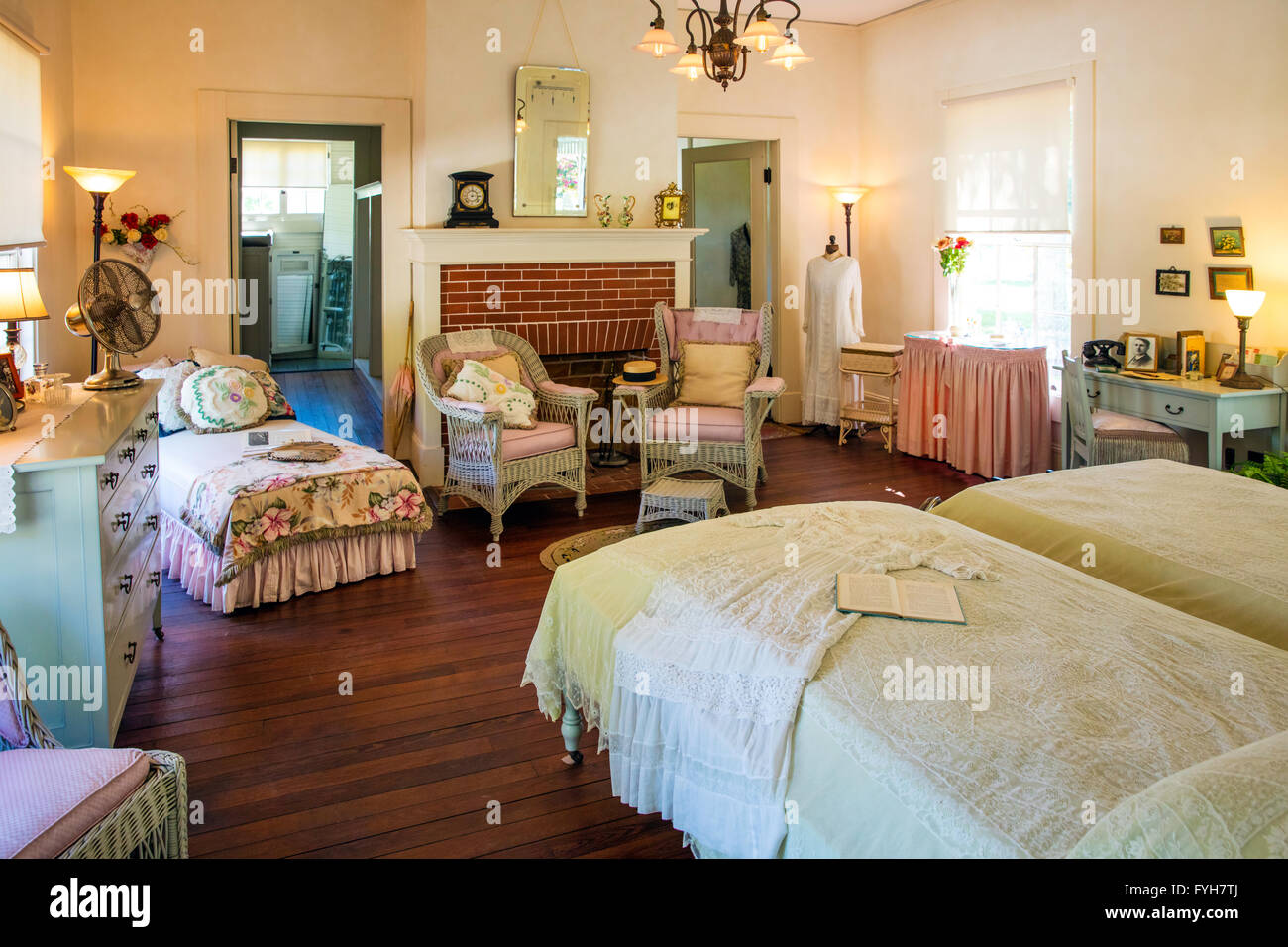 Schlafzimmer "Seminole Lodge" - Winter-Haus des Erfinders Thomas Edison, Fort Myers, Florida, USA Stockfoto