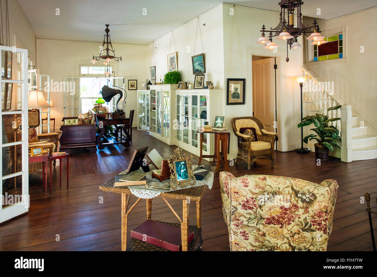 Wohnzimmer der "Seminole Lodge" - Winter-Haus des Erfinders Thomas Edison, Fort Myers, Florida, USA Stockfoto