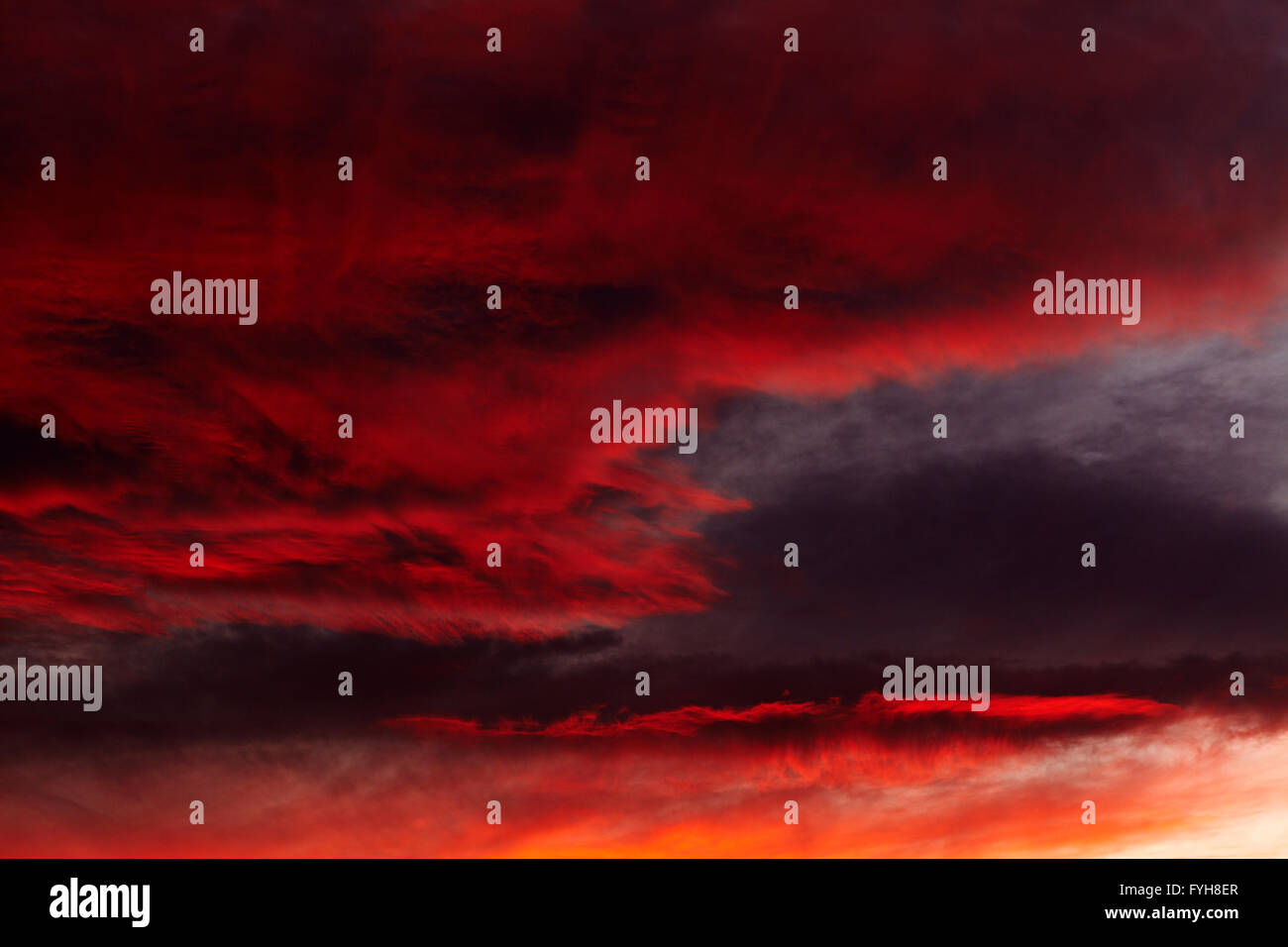 Rote Wolken in einem Winter Sonnenuntergang. Stockfoto
