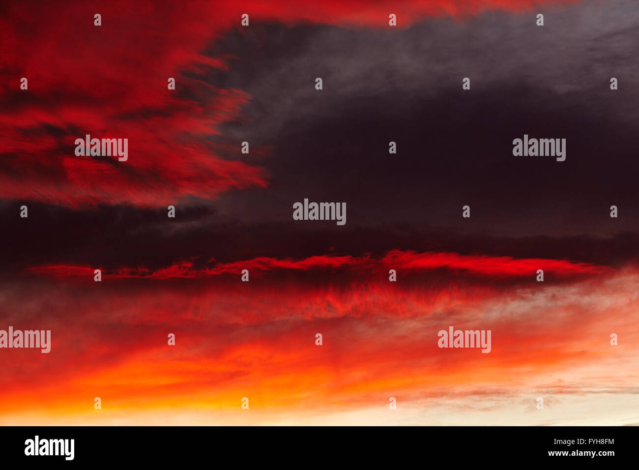Winter-Sonnenuntergang mit roten Wolken. Stockfoto