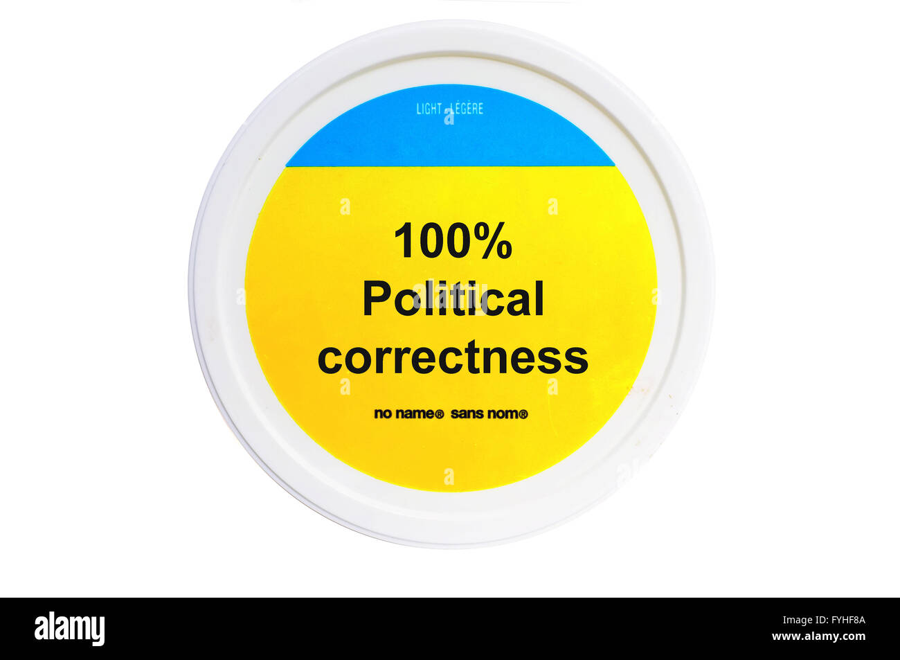 Eine Wanne mit 100 % fotografiert Political Correctness auf dem Etikett geschrieben vor einem weißen Hintergrund. Stockfoto