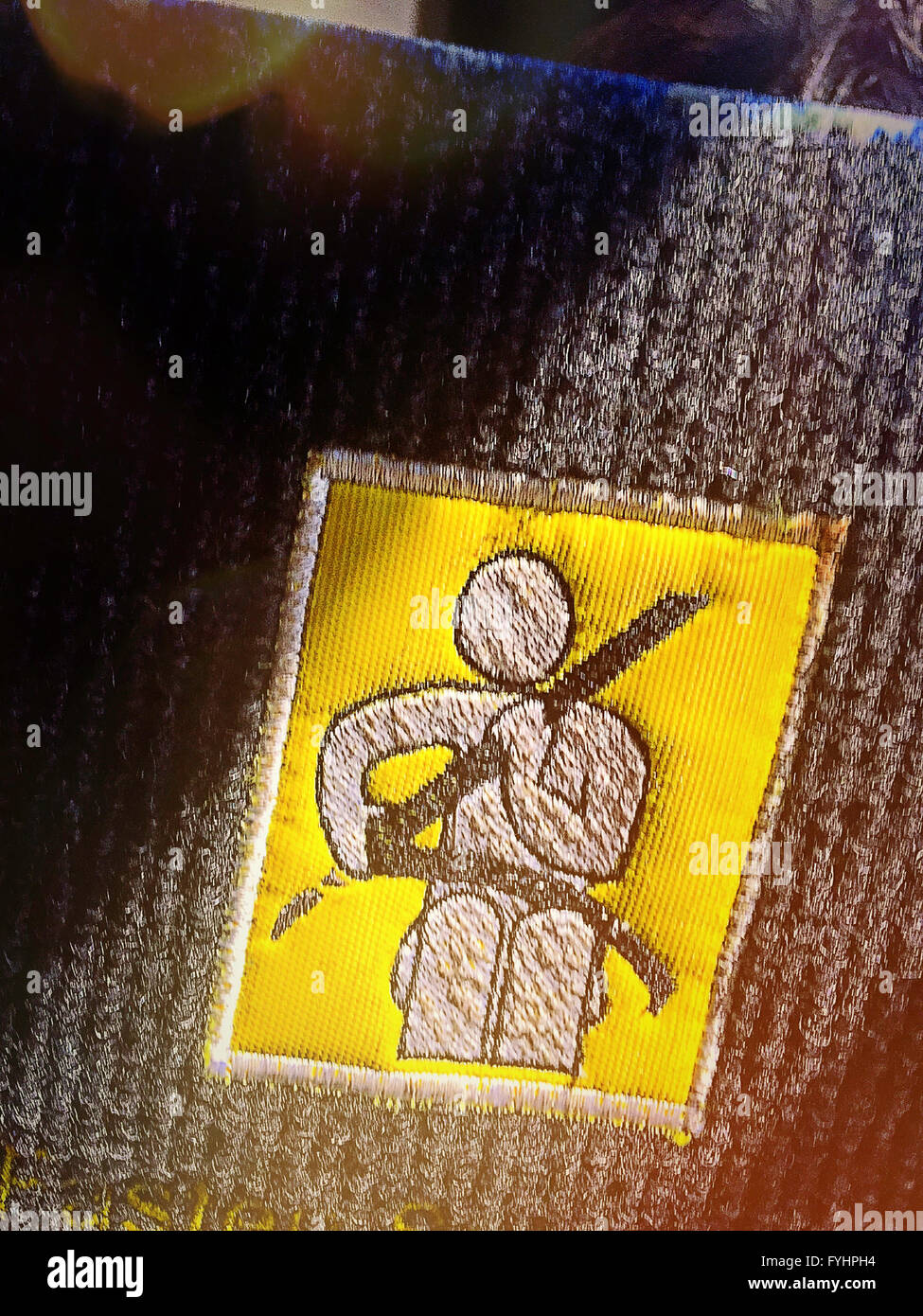 Befestigen Sie Seatbelt Piktogramm Patch, kommerzielle Bus Linie, USA Stockfoto