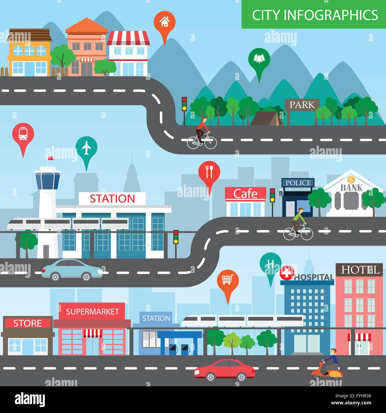Stadt-Infografiken-Hintergrund und Elemente, gibt es Dorf, Gebäude, Straße,  Park, Transport, eignet sich für Web-Design Stock-Vektorgrafik - Alamy