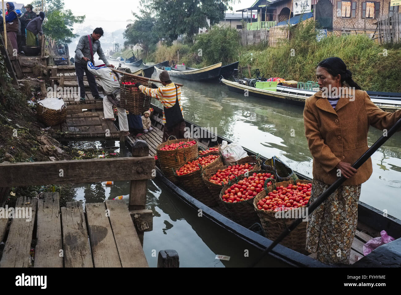 Bauern entladen Tomaten, Nyaung Shwe, Inle-See Stockfoto