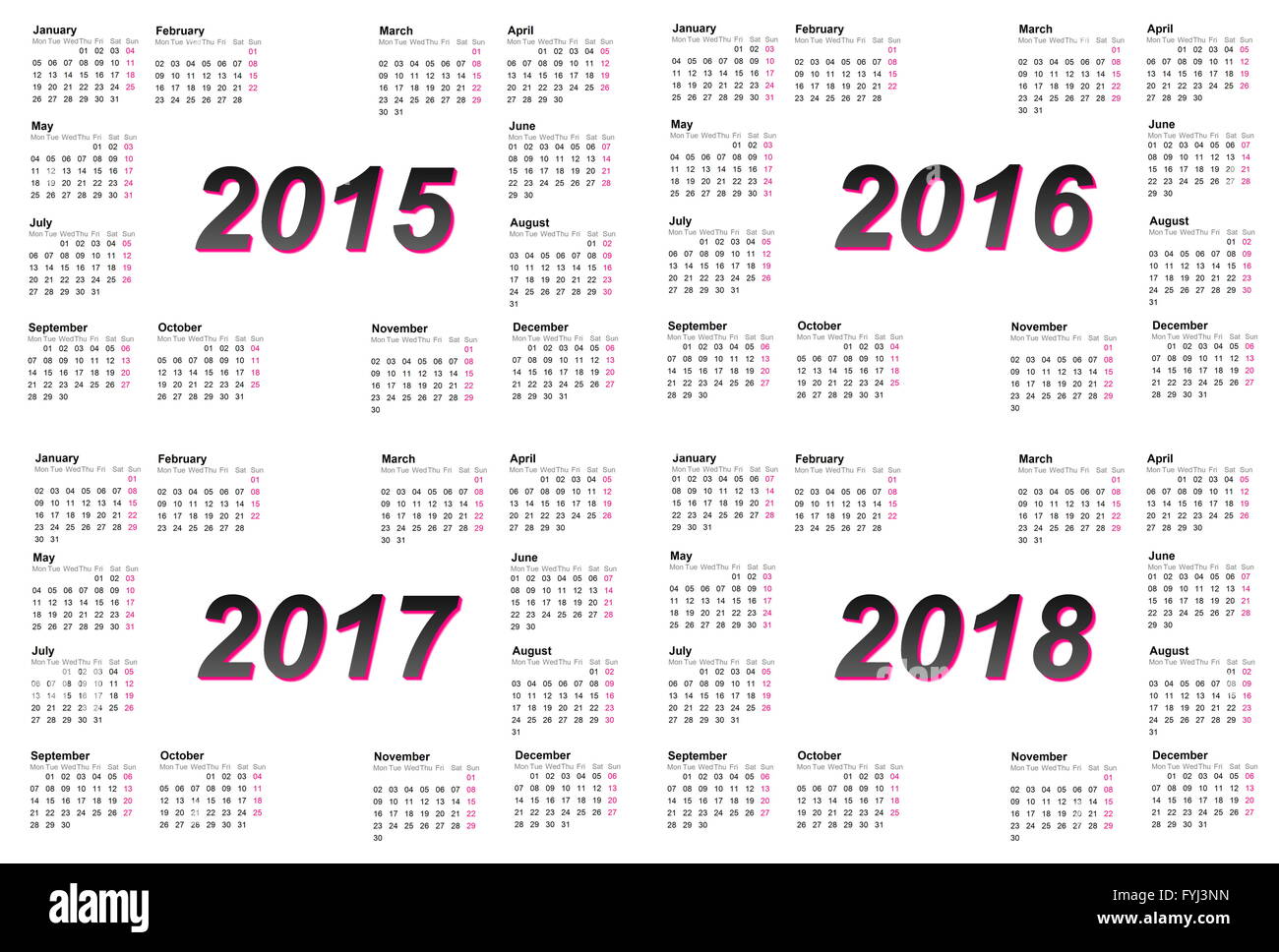 Satz von europäischen 2015, 2016, 2017 und 2018 Jahr Kalender Stockfoto