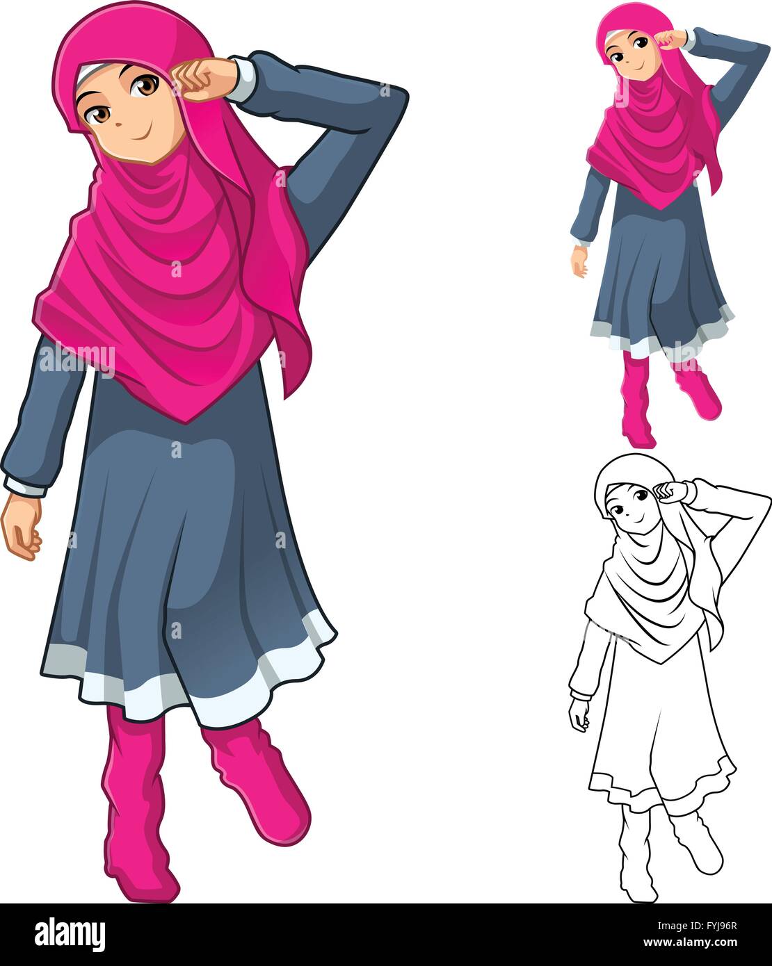 Muslimisches Mädchen Mode tragen rosa Schleier oder Schal mit Kleid und Schuhe gehören flache Bauweise und skizziert Version Cartoon Charakter Stock Vektor
