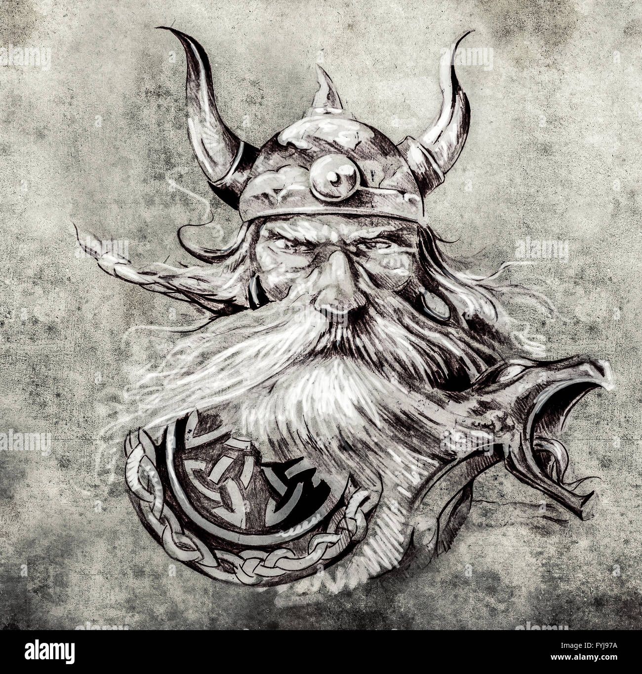 Tattoo-Kunst, Skizze, ein Wikinger-Krieger, Illustration von eine alte