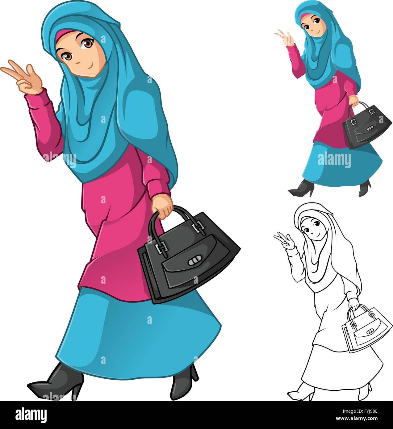 Muslimisches Mädchen Mode tragen grüne Schleier oder Schal mit der Holding eine schwarze Tasche und Kleid Outfit gehören flache Bauweise und skizziert Stock Vektor