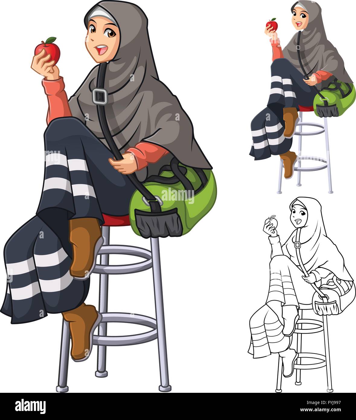Muslimische Frau Mode trägt, Schleier oder Schal mit Sit Pose und hält einen Apfel und grüne Tasche auf dem Arm Stock Vektor