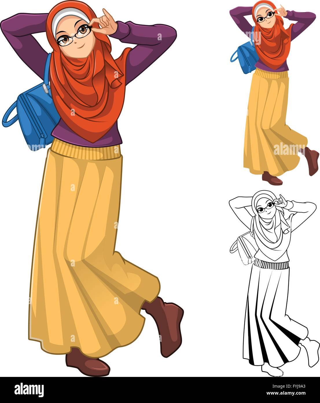 Muslimische Frau Mode tragen Orange Schleier oder Schal mit blauen Tasche und Rock Outfit gehören flache Bauweise und skizzierte Version Stock Vektor