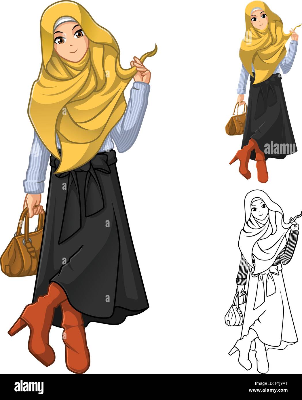 Muslimische Frau Mode tragen gelbe Schleier oder Schal mit der Holding eine braune Tasche und stilvolles Outfit gehören flache Bauweise und skizziert Stock Vektor