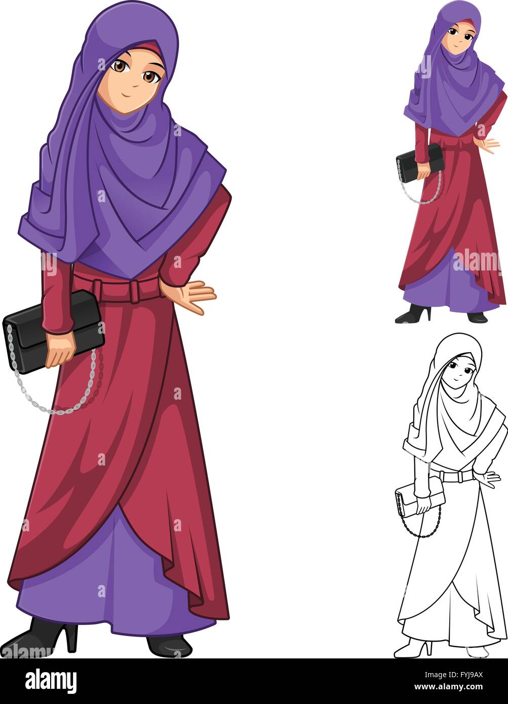 Muslimische Frau Mode tragen lila Schleier oder Schal mit der Holding einer schwarzen Handtasche gehören flache Bauweise und skizzierte Version Stock Vektor