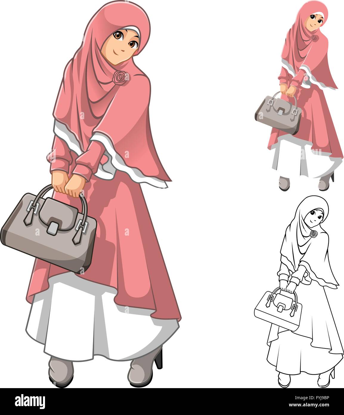 Muslimische Frau Mode tragen rosa Schleier oder Schal und Kleid Outfit mit einen Beutel Holding gehören flache Bauweise und skizziert Version Stock Vektor