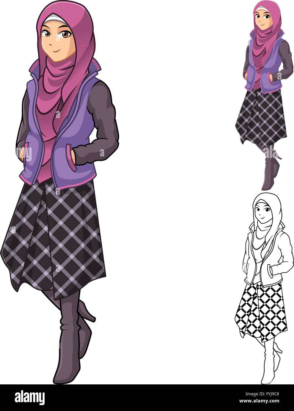 Muslimische Frau Mode tragen lila Schleier oder Schal mit Jacke und Linie Rock Outfit gehören flache Bauweise und skizziert Version Stock Vektor