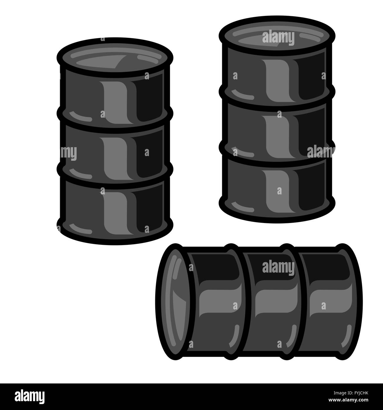 Silhouetten aus Metall Fässer Öl auf weißem Hintergrund. Vektor-Illustration. Stockfoto