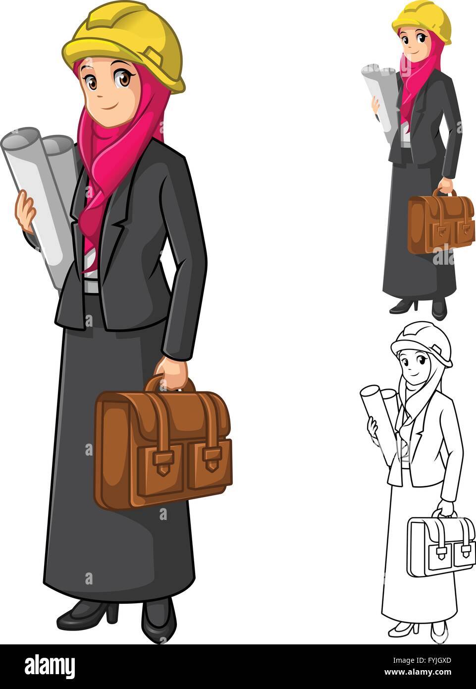 Muslimische Geschäftsfrau Architekten tragen rosa Schleier oder Schal mit Holding Aktenkoffer-Cartoon-Charakter-Vektor-Illustration Stock Vektor