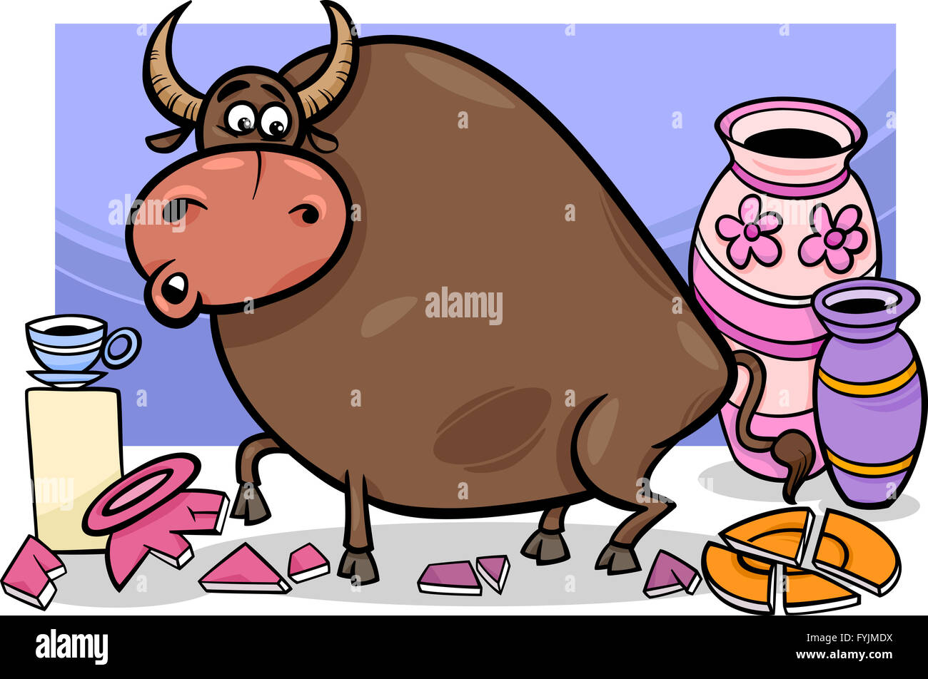 Stier in einem China-Shop-cartoon Stockfoto