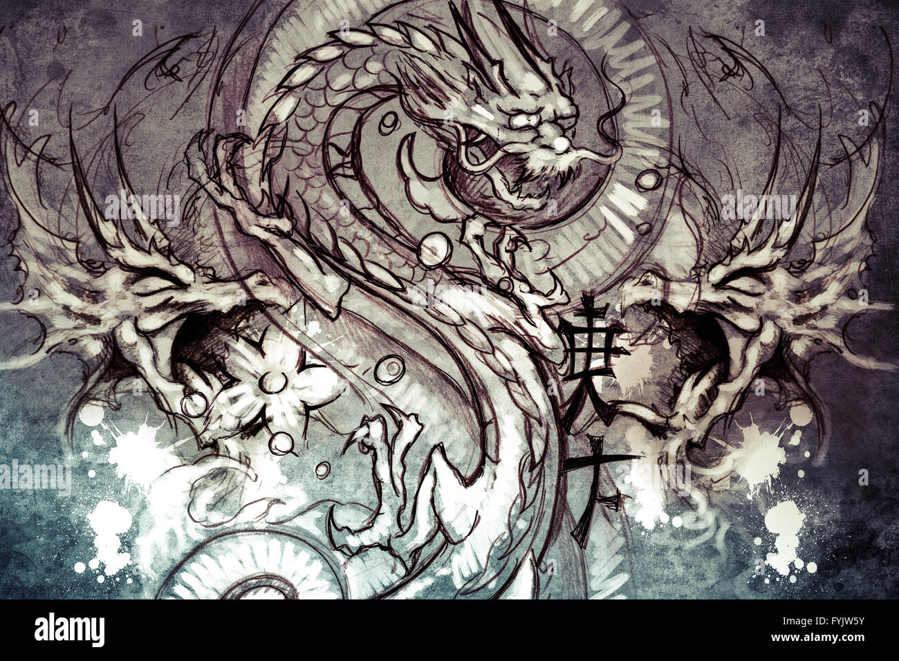 Drachen-Tattoo-Design auf grauem Hintergrund. strukturierten Hintergrund. Künstlerische Darstellung Stockfoto