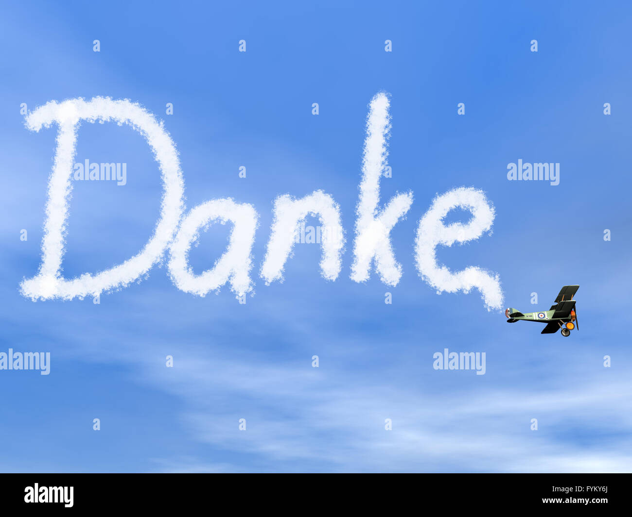 Danke, deutsche Dankesnachricht vom Biplan Rauch - 3D render Stockfoto
