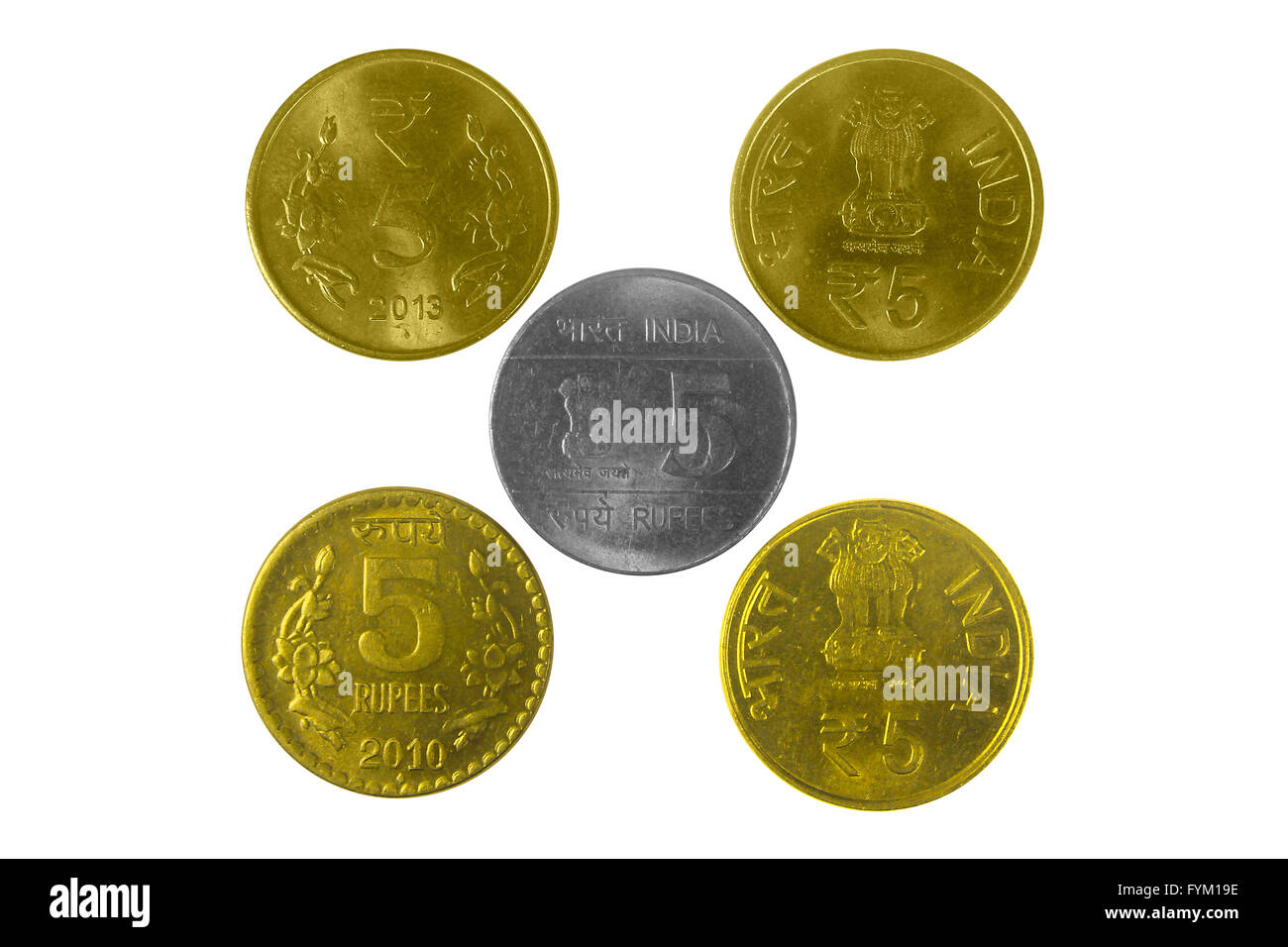 5 indische Rupien Münzen mit unterschiedlichen designs Stockfoto
