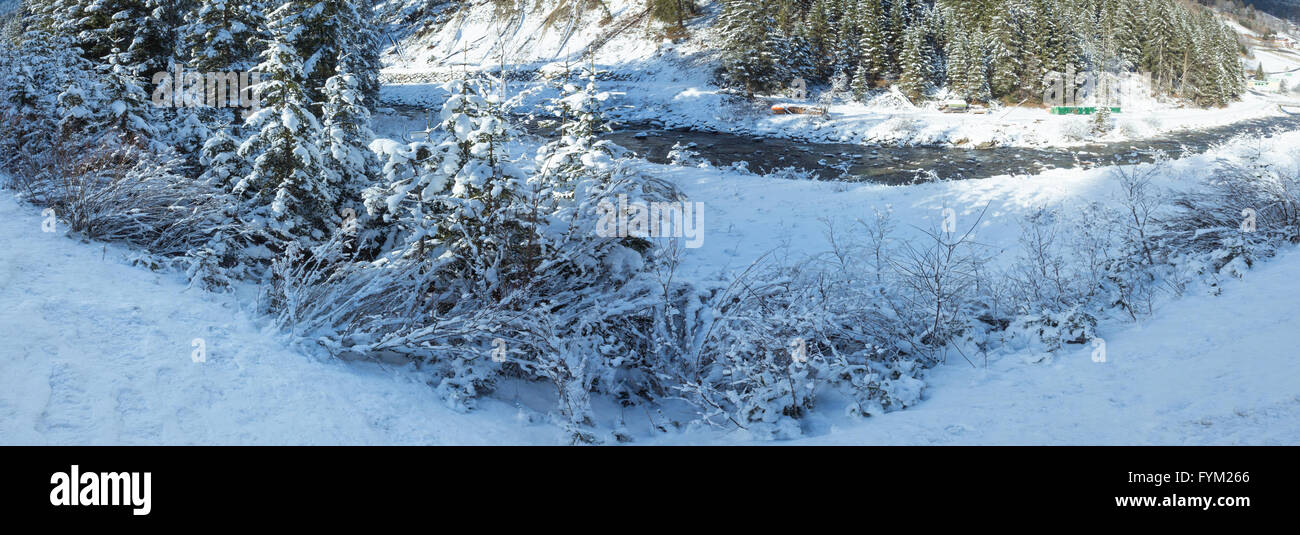 Winter Fluss mit verschneiten Büsche. Stockfoto