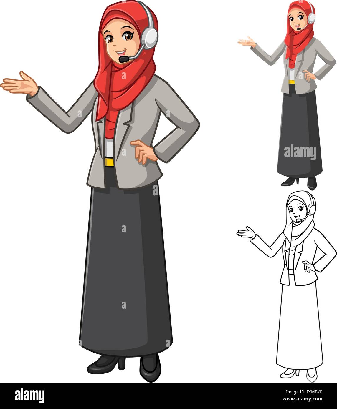 Muslimische Geschäftsfrau Betreiber tragen rote Schleier oder Schal mit einladenden Hände und Kopf Telefon Cartoon Charakter Vector Illustratio Stock Vektor
